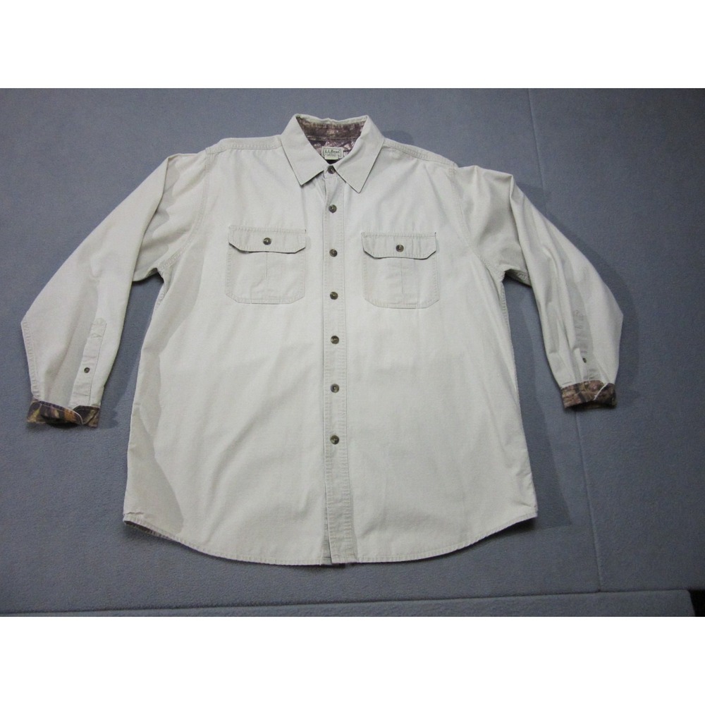 LL Bean Shirt Mens Large Beige Khaki Camo Accent Hunting Workwear Button Up